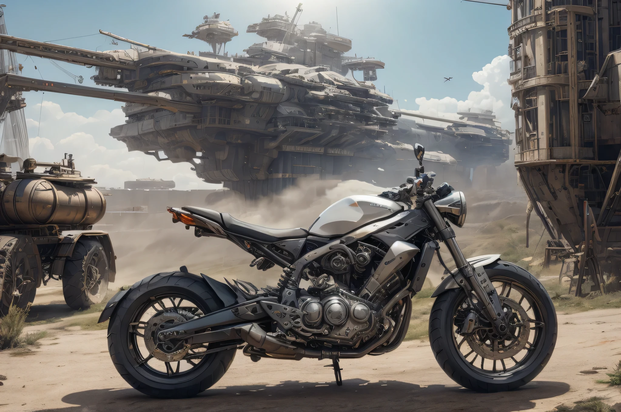 Ultra-realistic 16K CG, masterpiece, Best Composition, Photo quality, work of art, beautiful girl sitting on a fantastic flying bike , bike from the distant future, a lot of details, flies on gravitons, A lot of small details, bicycle concept art, Love, sex, desire, many bright bouquets of flowers, ikebana, lust, full naked, Full Length, Face detailing, high detail влагалища. very thin transparent blouse, open blouse, Completely undressed, Against the background of the impregnable citadel of the empire, in the background are tall battle towers with huge heavy cannons, high detail, Lots of elements, flying transports, flying cargo ships, crane, Manipulators. Sun rays, Along the sides there are many detailed artillery batteries., The Distant Future, fire, flame, smoke, Alien Creatures, there are thousands of fighters and interceptors in the sky