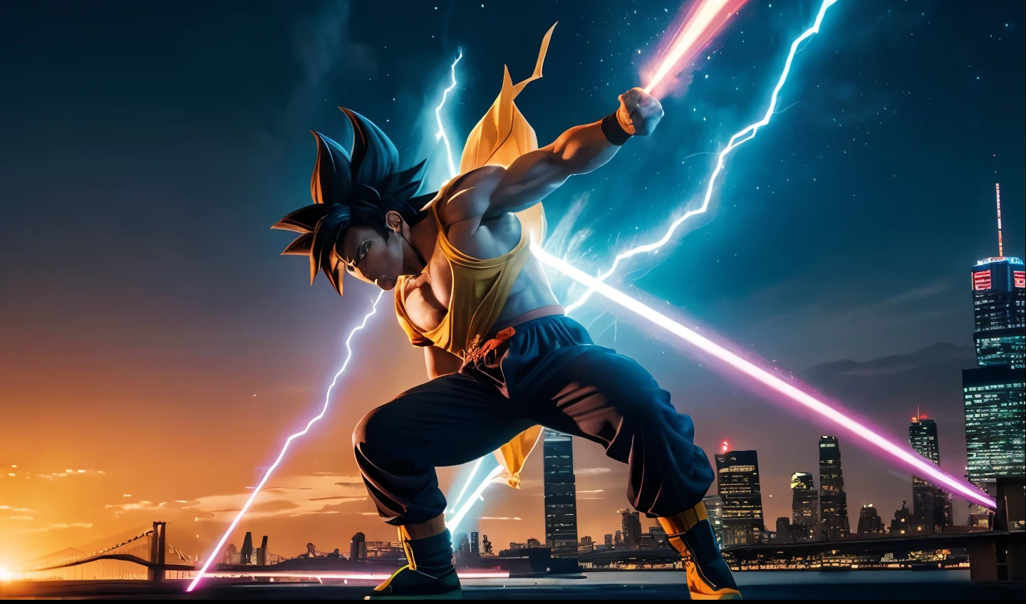 goku, dbz ,new york city skyline,statue of liberty,clouds,city lights,dynamic pose,super saiyan transformation,combat,energy blasts,detailed muscles,flying,heroic,action-packed,neon lights,fast-paced,comic book style,highlighted hair,fierce expression,powerful aura,sculpted physique,vivid colors,shining eyes,breathtaking,ultra-detailed,highres,photorealistic,best quality,UHD,studio lighting.
