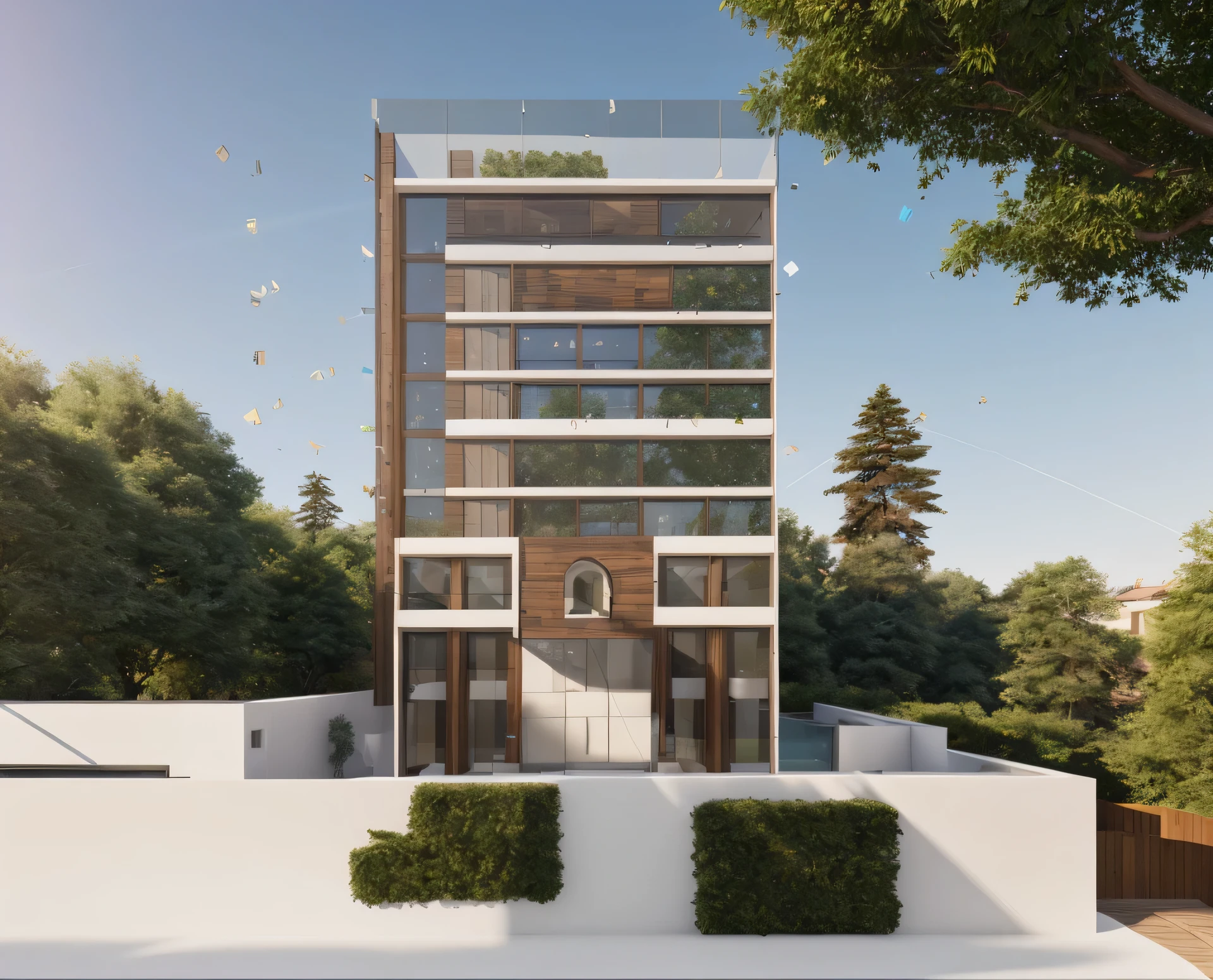 exterior, casa, luxo, Estilo moderno, material de vidro reflexivo, tinta de parede branca, parede de pedra, teto de madeira, na cidade, rua lotada, muitos carros, muitas pessoas, lots of trees, Trees on the roof, Nascer do sol, nuvens vazias, 8k, imagens vray