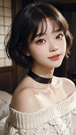 highest quality, masterpiece, ultra high resolution, realistic, 1 young girl, off shoulder, knit,bottomless、 smile, smile, slightly visible, extra large size_sweater, soft lighting, fine skin, bangs, black hair, clear eyes, short bob hair, Transparency, Japan, Beautiful woman, upper eye, lip gloss, Black Chic Choker, trickle, mole on chest, eye highlights
