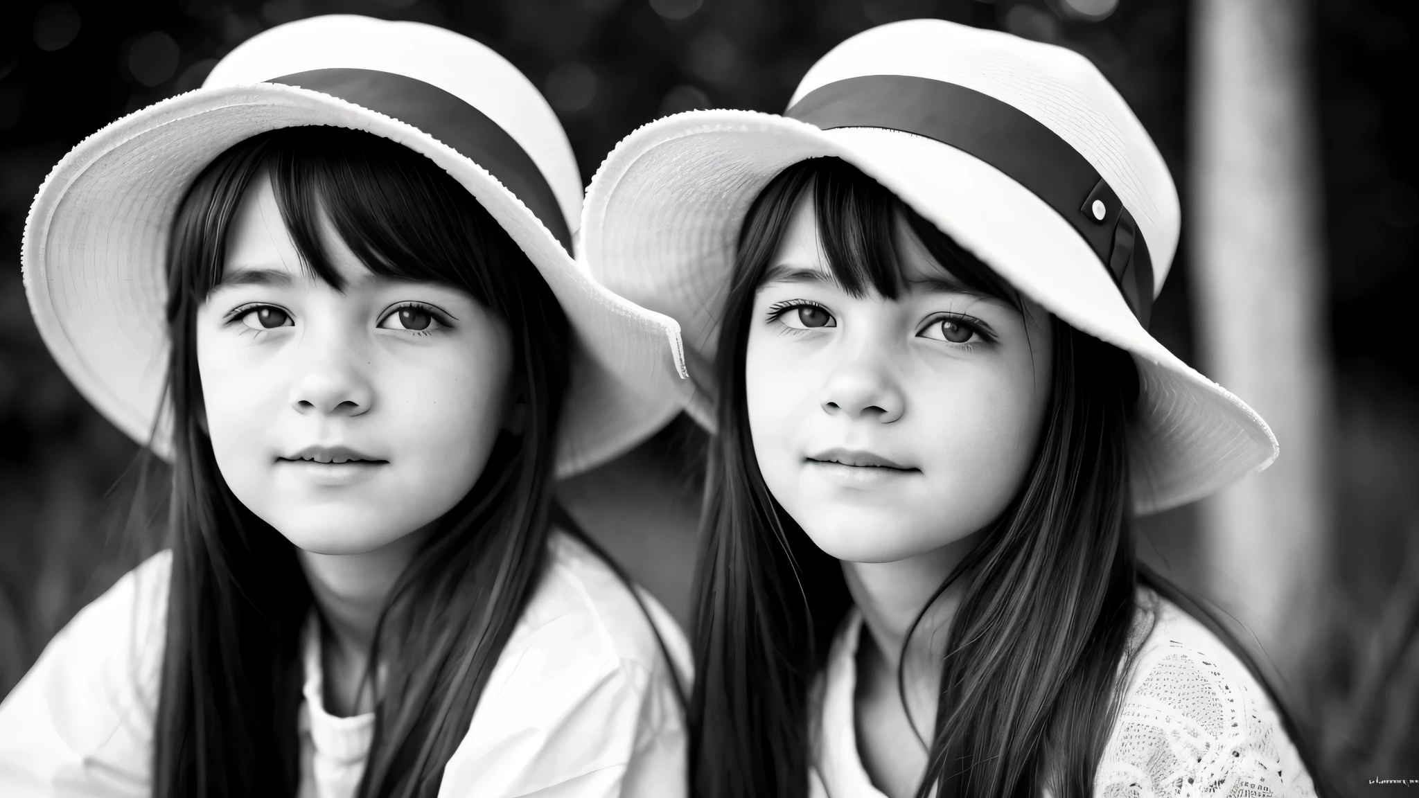 portrait photo black and white KIDS GIRL BLONDE in his 60s , reminiscent of iconic black and white landscapes a hat . , this portrait in hyperrealistic detail, .((best quality)), ((masterpiece)), (detailed), 8k uhd, Nikon 70d, ISO200, F/2.8, 1/25sec, 70mm.m.