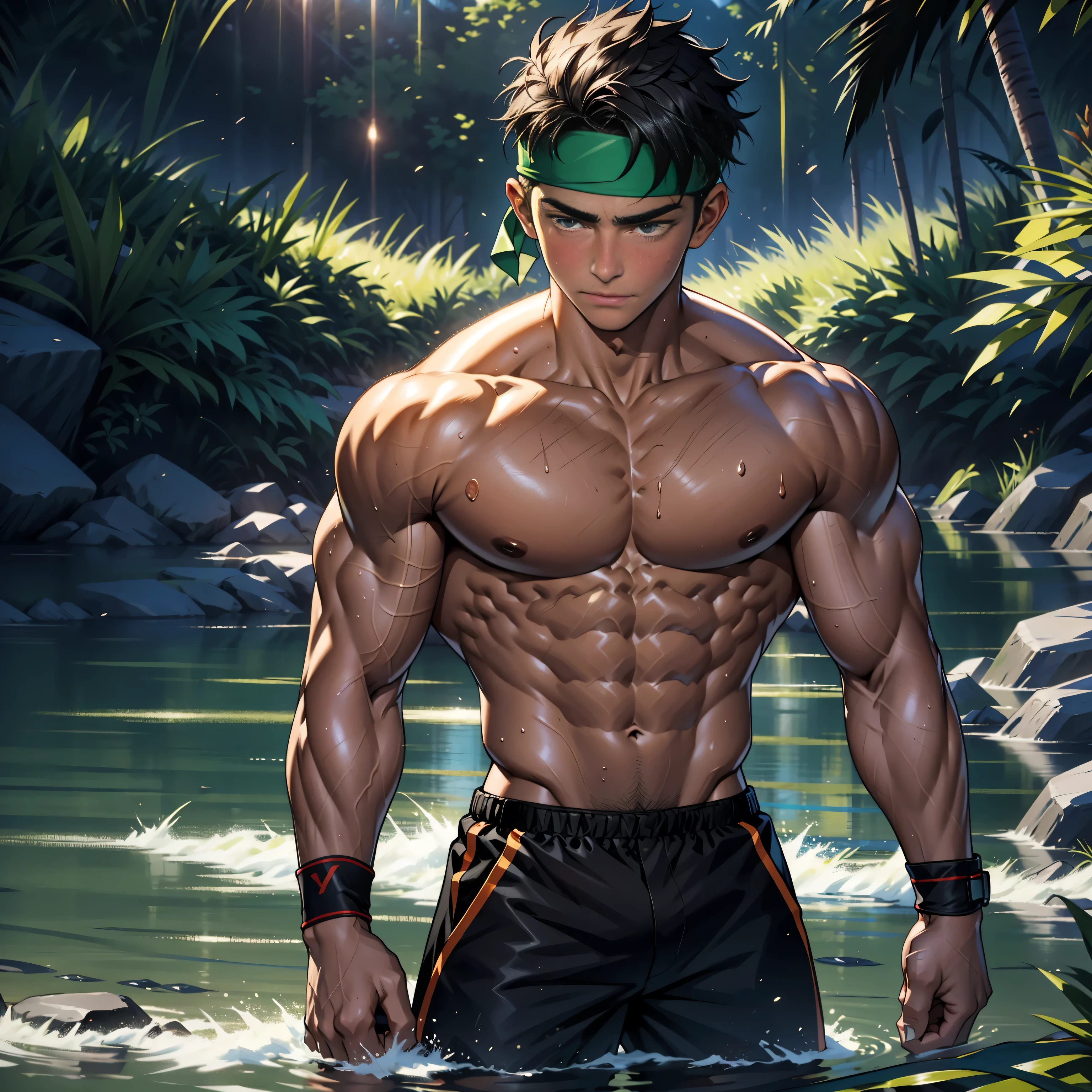 (masterpiece, highest quality, 18 year old boy, 8K, super detailed, (cowboy shot)), (look away, soulful eyes, thin lips), (1 boy, alone), young, (ager), (dark short straight hair, undercut, black eye), Topless, topless, (green headband, Wristband), (Depth of bounds written:1.2), (abs, chest, upper arm), (topless male), man with martial arts stance, motionless body, (background: In the stream, night), Sweat