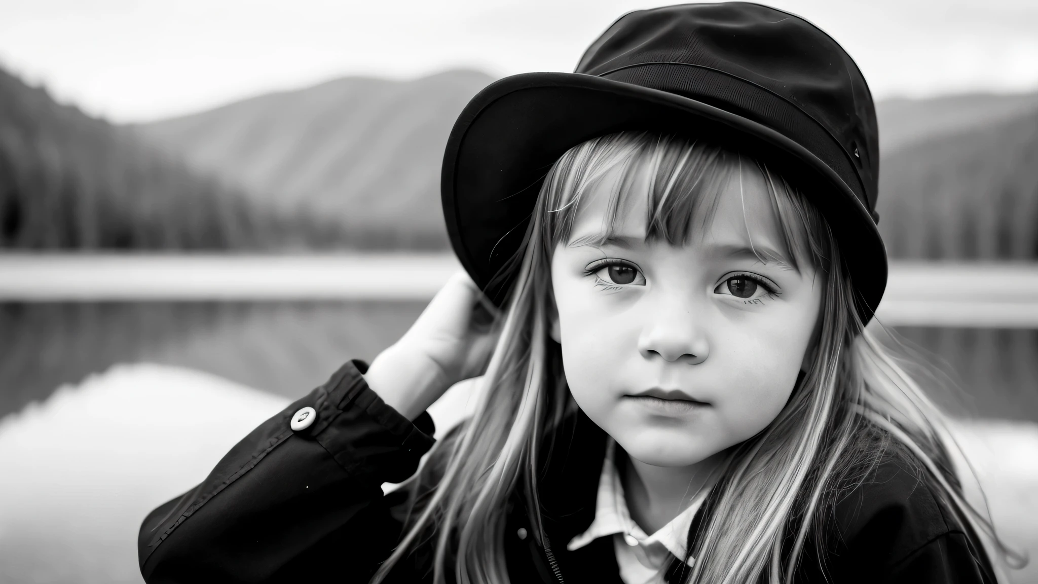 portrait photo black and white KIDS GIRL BLONDE in his 60s , reminiscent of iconic black and white landscapes a hat . , this portrait in hyperrealistic detail, .((best quality)), ((masterpiece)), (detailed), 8k uhd, Nikon 70d, ISO200, F/2.8, 1/25sec, 70mm.m.