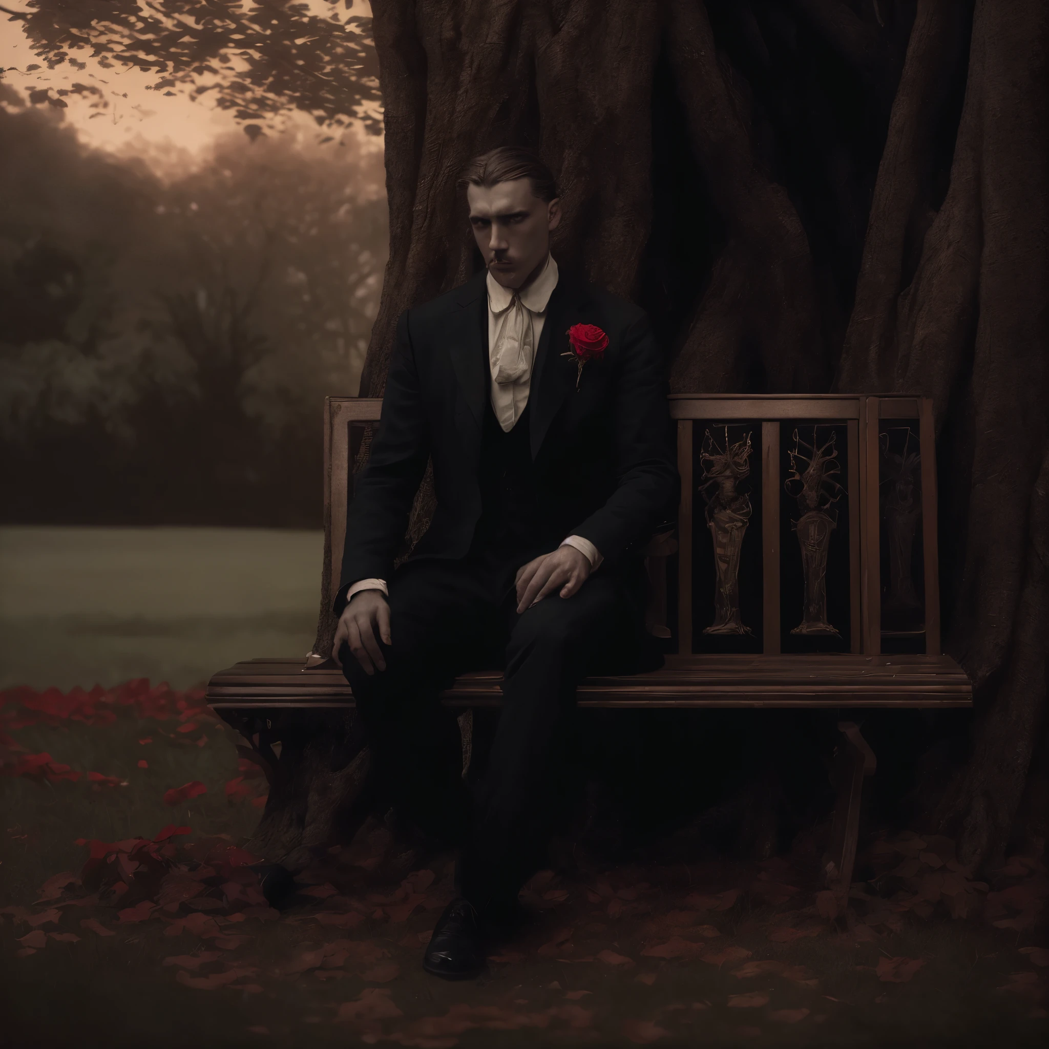 there is a man sitting on a bench in front of a tree, foto de retrato, epic and elegant portrait, cinematic outfit photo, matte painting foto de retrato, foto de retrato 8 k, fotografia de retrato fine art, Alexei Egorov, fotografia editorial, perdido nos pensamentos, dramatic cinematic portrait, inspirado em John Collier, inspired by Lajos Gulácsy