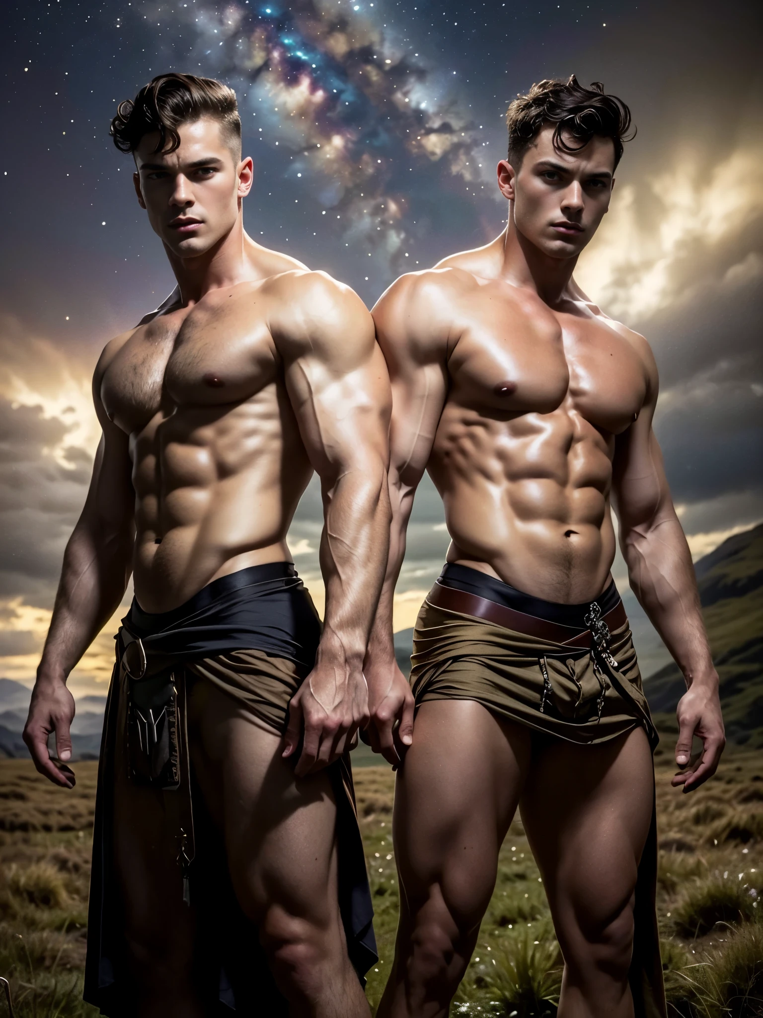 Photorealistic, ((best quality)), ((masterpiece)), (detailed),masculine portrait of geminis, personificatioin of GEMINIS, (idenitcal twins:1.3), alike twins, looking exactly the same twins, 18-year-old male twins models, handsome, tall, cute looking twins, evil look, dark look, powerful, 2 young identical male twins, handsome models, super strong, muscular, fit, massive muscles, six pack, clean shave, green eyes. (short curly messy brown hair:1.4), messy curly hair, ancient linen Greek small skirt, linen antique draped cloth skirt, shirtless, barechested, muscule, ripped, strong body, fit body, brothers, highlands scotland, green fields, constellations, Mercury, galaxies, 8k, high detailed, ultra-detailed, Stylish Pose, real skin texture, dark cinematic lighting, ancient outerspace, constellation, galaxies, stars in the background
Photorealistic, ((best quality)), ((masterpiece)), (detailed),masculine portrait of geminis, personificatioin of GEMINIS, (idenitcal twins:1.3), alike twins, looking exactly the same twins, 18-year-old male twins models, handsome, tall, cute looking twins, evil look, dark look, powerful, 2 young identical male twins, handsome models, super strong, muscular, fit, massive muscles, six pack, clean shave, green eyes. (short curly messy brown hair:1.4), messy curly hair, ancient linen Greek small skirt, linen antique draped cloth skirt, shirtless, barechested, muscule, ripped, strong body, fit body, brothers, highlands scotland, green fields, constellations, Mercury, galaxies, 8k, high detailed, ultra-detailed, Stylish Pose, real skin texture, dark cinematic lighting, ancient outerspace, constellation, galaxies, stars in the background