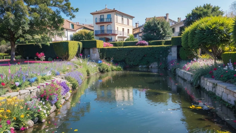 photograph of an immense and beautiful lake with calm blue waters that captures specular reflections of the gardens with colorful flowers, calles, modern buildings around. Se observan palomas blancas volando a lo lejos, and families walking on a sunny day, hiperrealista