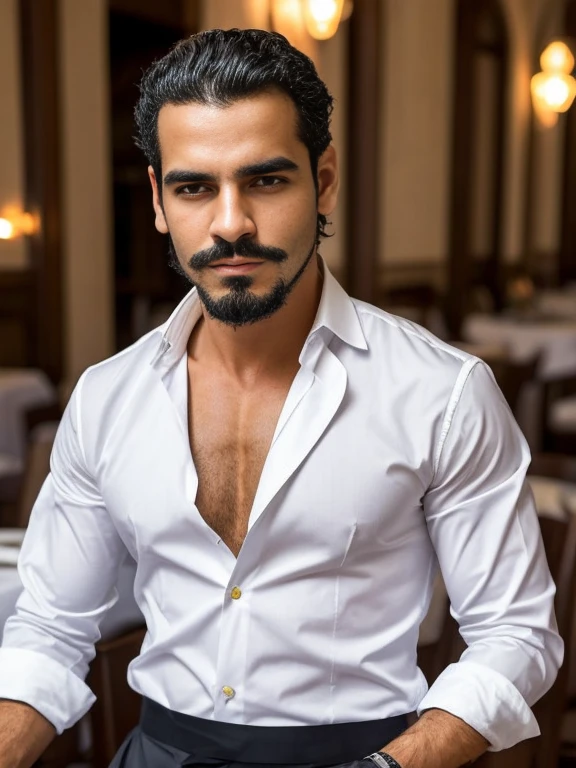 macho maduro, primer plano,Grimly,4k, high resolution, obra maestra, Mejor calidad, Sharp focus, (cinematic lighting), clavicle, [:(cara detallada:1.2):0.2]  [medio retrato] hombre solitario de mediana edad, 1 hombre, hombre de mediana edad en forma, hombre fuerte de mediana edad, hombre guapo de mediana edad, hombre masculino de mediana edad with classy suit, encantador, hombre masculino de mediana edad, camiseta blanca, restaurante de lujo
