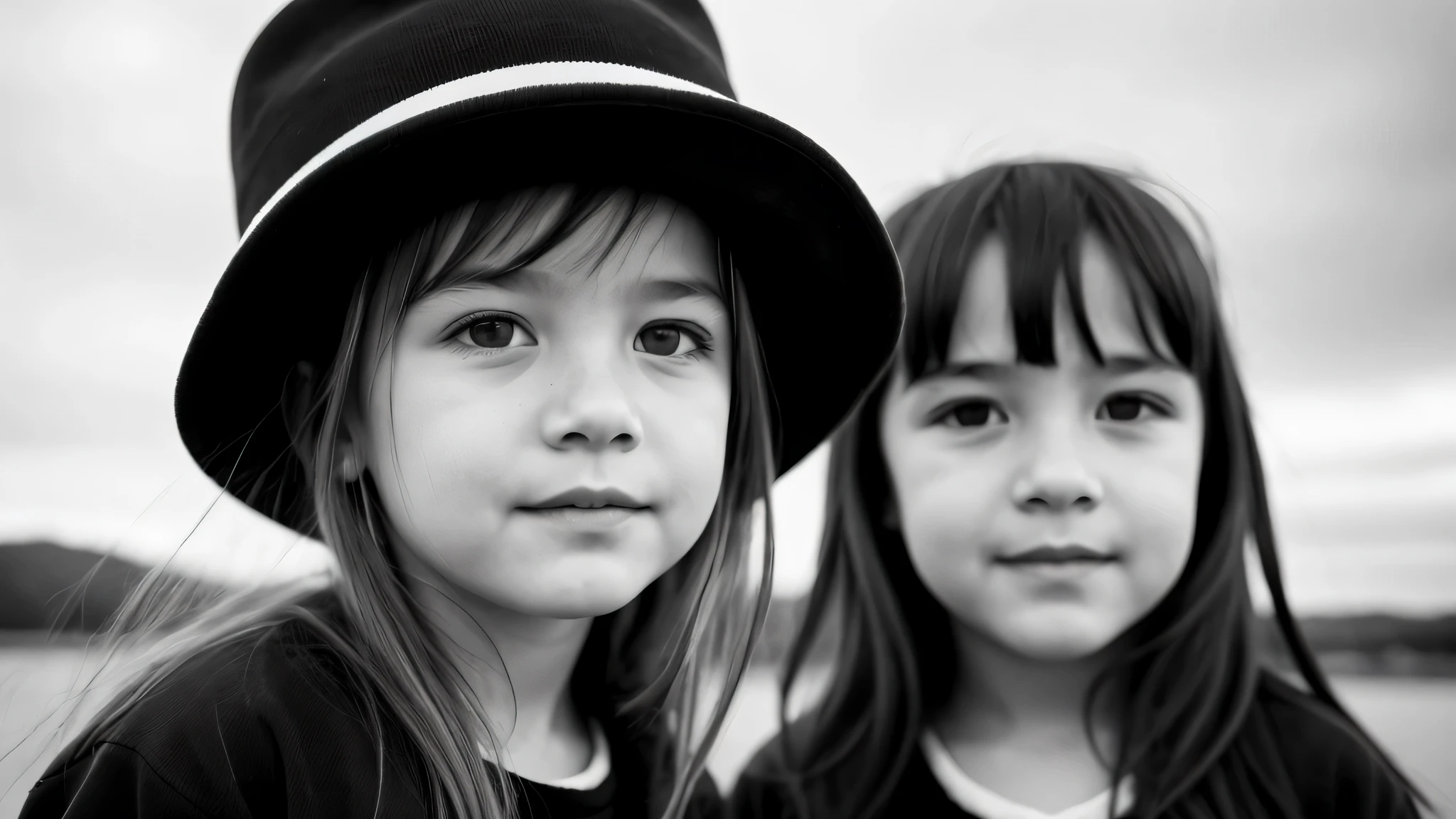 portrait photo black and white KIDS GIRL BLONDE in his 60s , reminiscent of iconic black and white landscapes a hat . , this portrait in hyperrealistic detail, .((best quality)), ((masterpiece)), (detailed), 8k uhd, Nikon 70d, ISO200, F/2.8, 1/25sec, 70mm.m.