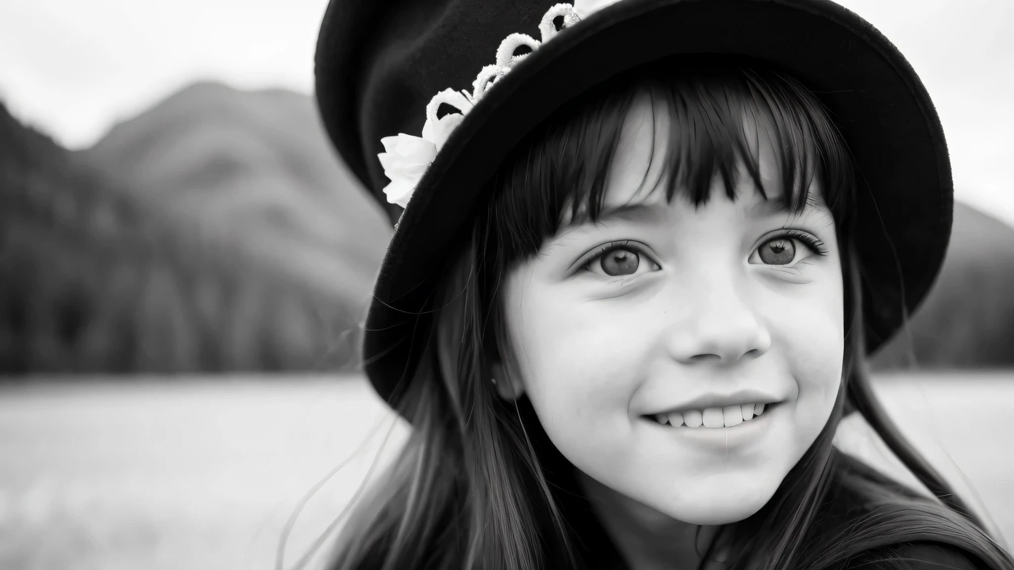 portrait photo black and white KIDS GIRL BLONDE in his 60s , reminiscent of iconic black and white landscapes a hat . , this portrait in hyperrealistic detail, .((best quality)), ((masterpiece)), (detailed), 8k uhd, Nikon 70d, ISO200, F/2.8, 1/25sec, 70mm.m.