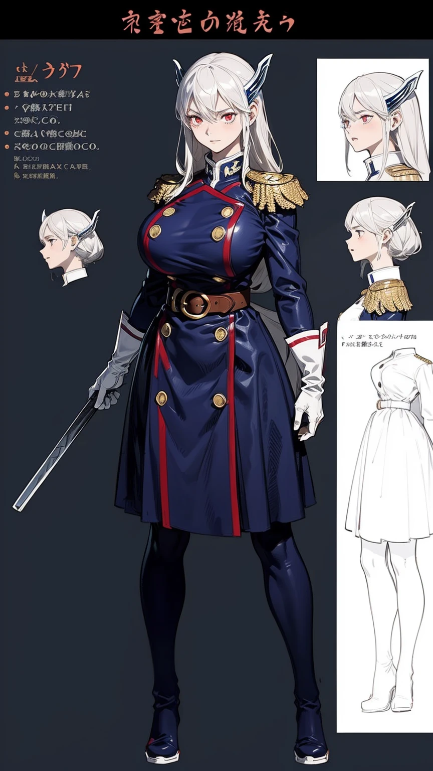 girl, solo, full body, from head to toe, standing, (Huge_Breasts:1.3), beautiful body, perfect body, nice body,

((Character Design Sheet:1.7, character reference sheet:1.7,)),

KyoukaUzen, hair ornament, military uniform, white gloves, epaulettes, belt, pleated skirt, black skirt, thigh boots