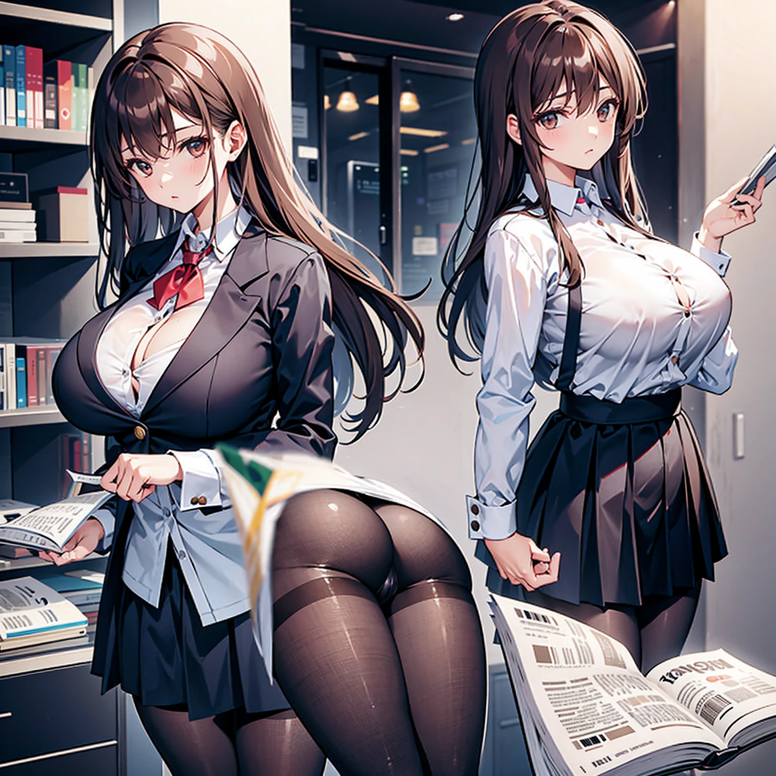 large breast,(button gap:1.1)there is a woman dressed in a business outfit that is holding a book, 1girl, breasts, solo, skirt, brown hair, huge breasts, pantyhose, looking at viewer, shirt, brown eyes,