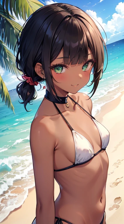 (8K、Highest image quality、highest quality、masterpiece)、A detailed face、1 girl、short black hair tied back、blunt bangs、Green eyes、piercings、((brown skin))、((tanned skin))、 She smiles, small breasts, sunglasses, bikini red, he is on the beach in the Caribbean sunbathing