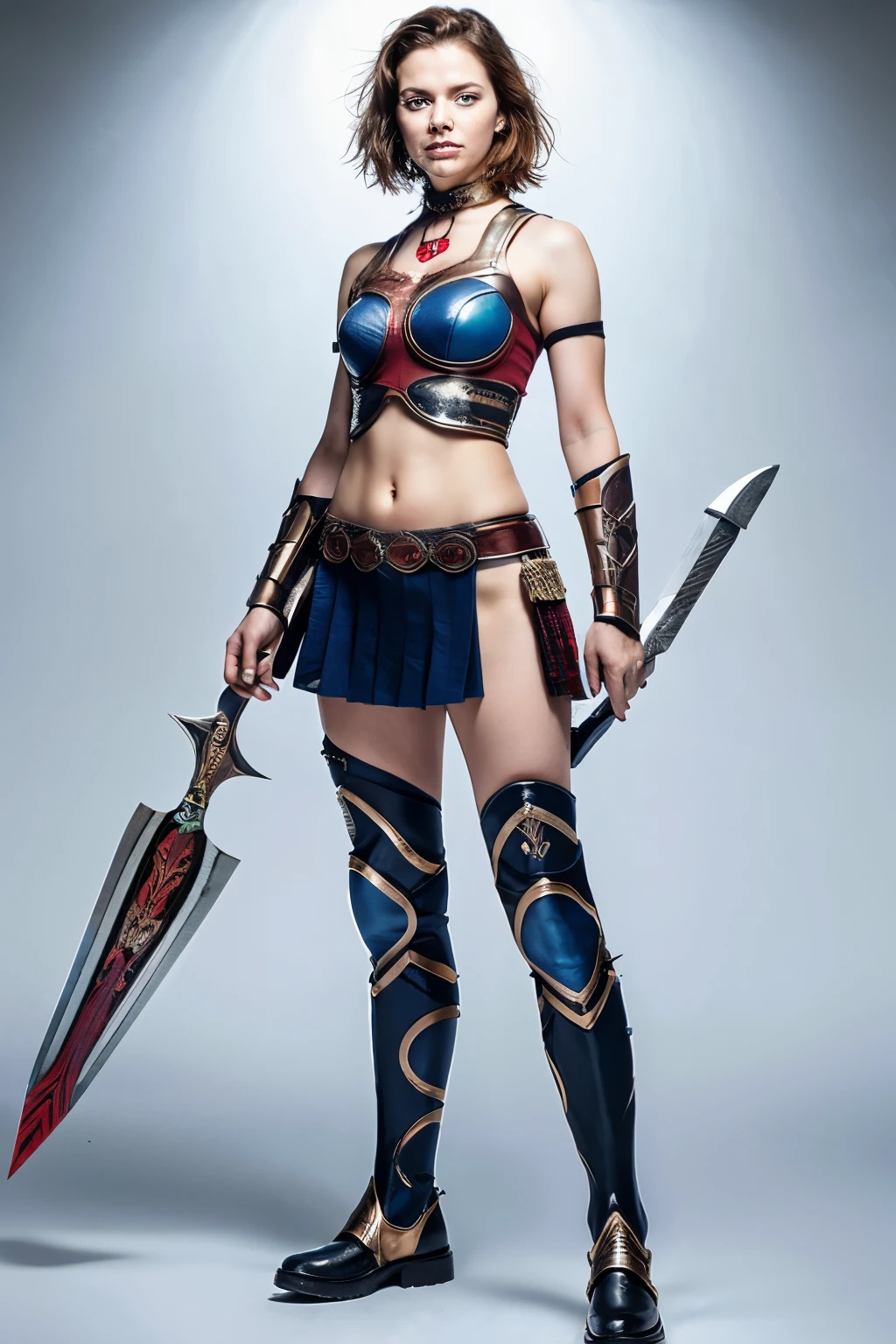 Full body portrait of warrior woman, full character. This young woman's round, pleasant face and striking blue eyes are a testament to her inner strength and charm. The image should be hyper-realistic, resembling a high-resolution 16k photograph with exceptional detail.