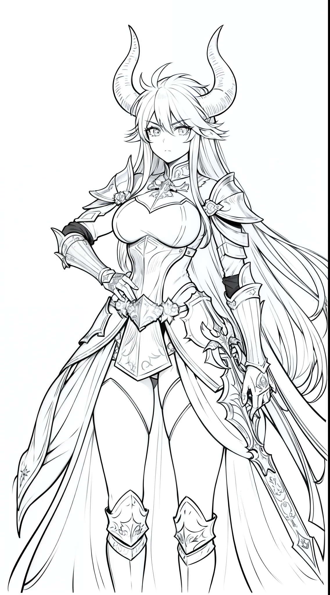 1girl,18s,horns,long hair,cathyl hair,templar golden knight armor,,cowboy shot,(white background,line drawing)