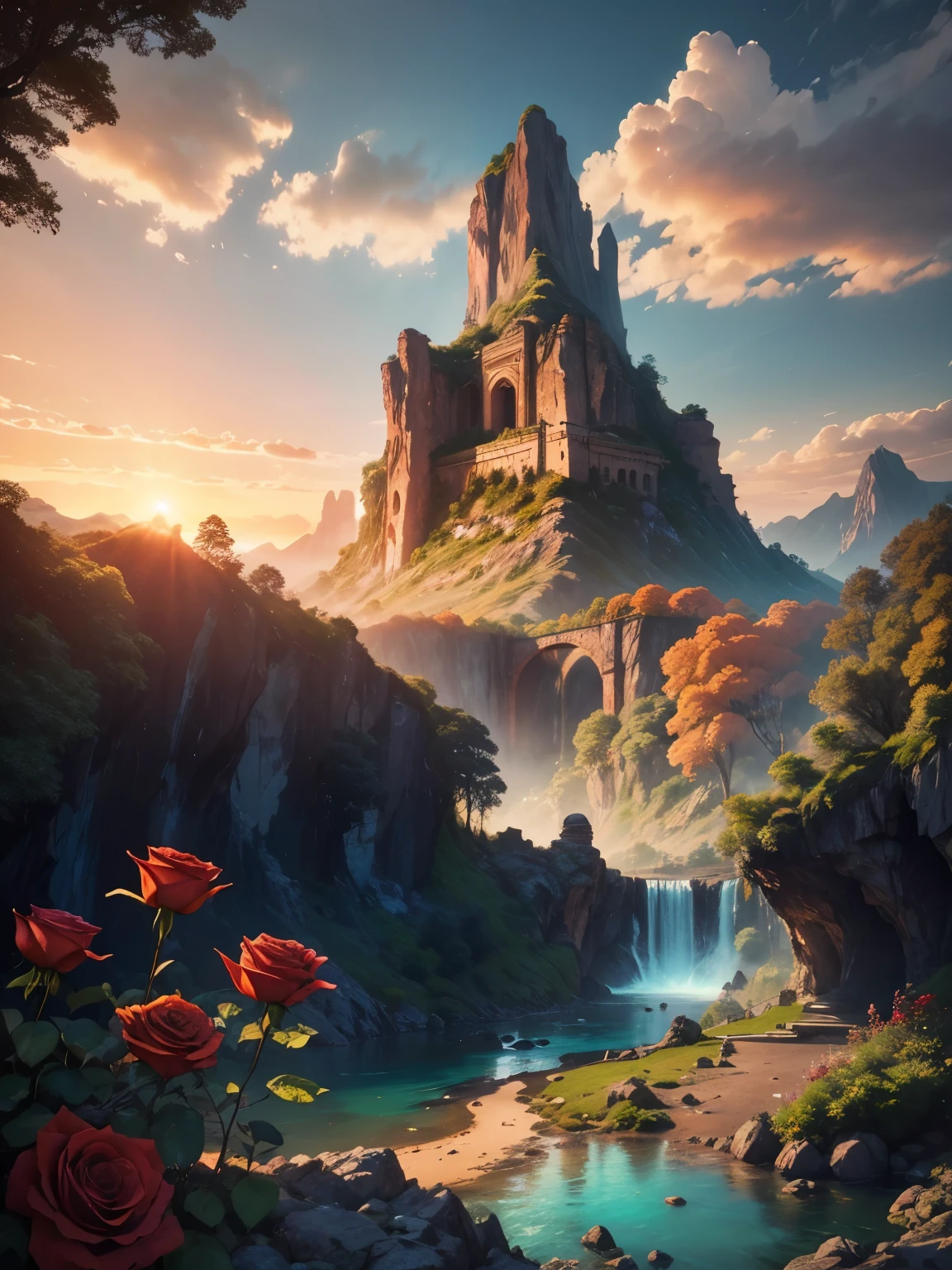 There is a large waterfall in the middle of a mountain, ((ancient city embedded in rock)), epic matte painting of an island, the lost city in the jungle, an Aztec city on an island lake, intricate and beautiful concept art, highly realistic concept art oil painting style, (((masterpiece))), high quality, extremely detailed CG unity 8k wallpaper, landscapes, outdoors, sky, cloud, nobody, mountain, landscape, water, tree, sunset sky with red and orange clouds, cliff waterfall, nature, lake, river, cloudy sky, award-winning photography, bokeh, depth of field, HDR, bloom, chromatic aberration, trending on artstation, trending on CGsociety, intricate, dramatic, midway art , high waterfall, painting of a river with rocks and trees in the foreground, near a river, jungle, crystal clear water, night light, evening sun behind red clouds with divergent sun rays, colorful, river with rocks, rock bridge , epic, fantasy, ((roses and flowers on the banks of the pond)), ((oil painting)), ((bridge rock))