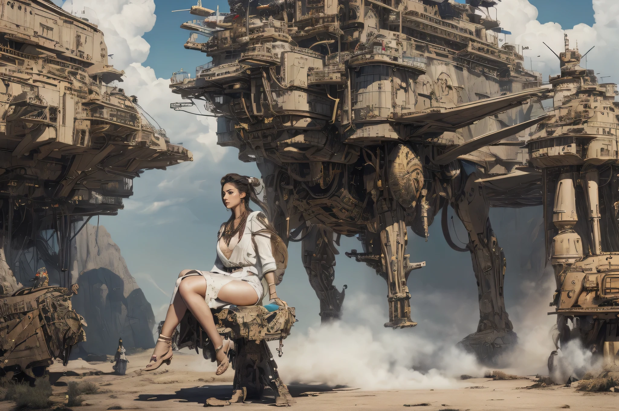 Ultra-realistic 16K CG, masterpiece, Best Composition, Photo quality, work of art, beautiful girl sitting on a fantastic flying bike , bike from the distant future, a lot of details, flies on gravitons, A lot of small details, bicycle concept art, Love, sex, desire, many bright bouquets of flowers, ikebana, lust, full naked, Full Length, Face detailing, high detail влагалища. very thin transparent blouse, open blouse, Completely undressed, Against the background of the impregnable citadel of the empire, in the background are tall battle towers with huge heavy cannons, high detail, Lots of elements, flying transports, flying cargo ships, crane, Manipulators. Sun rays, Along the sides there are many detailed artillery batteries., The Distant Future, fire, flame, smoke, Alien Creatures, there are thousands of fighters and interceptors in the sky