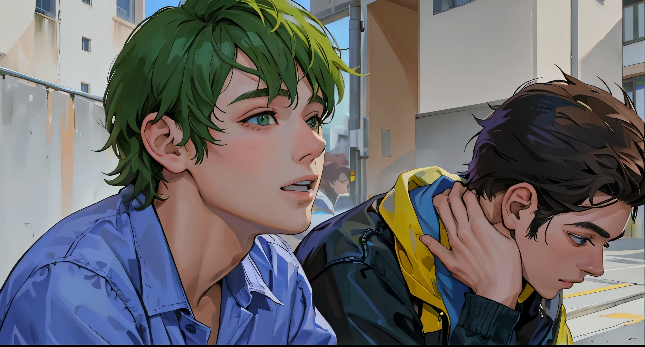 chico anime con cabello verde  esta asustado y sorprendido ve que alguien peligroso se le acerca y ojos verdes esta hablando de alguien que se les acerca y esta mirando a alguien que se acerca ojos grandes verdes