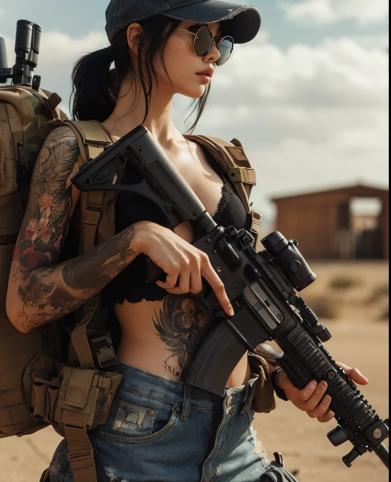 Photoreal、realistic skin texture、beautiful japanese woman、automatic rifle、sunglasses、tattoo