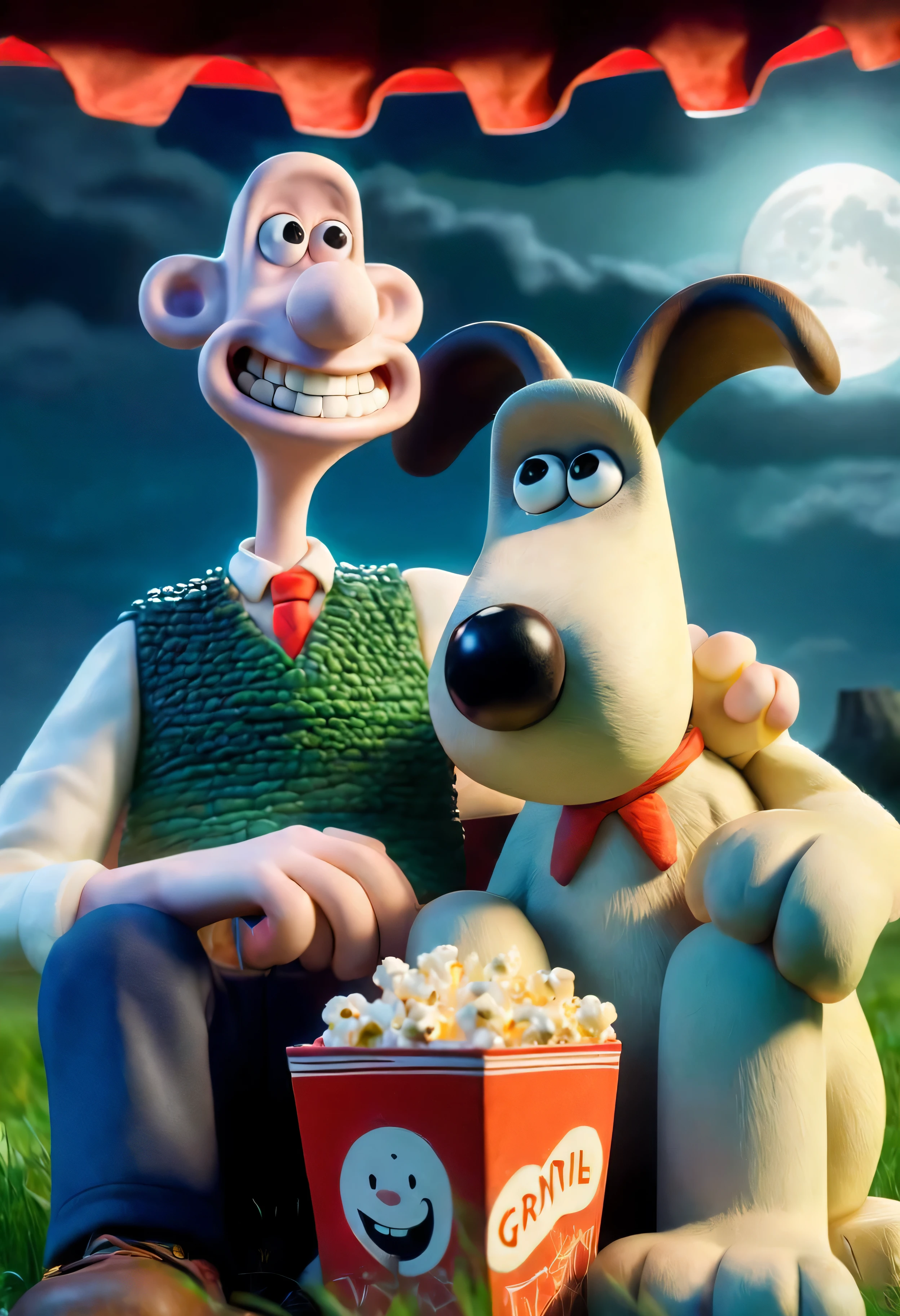wallandgrom, friends, 1boy, 1dog, looking at viewer, 3d \(artwork\), smile, sitting, male focus, drooped ears, outdoors, food, sky, teeth, cloud, grin, night, formal, moon, grass, full moon, popcorn, bald, red necktie, glistening nose, shadow, green vest, pants