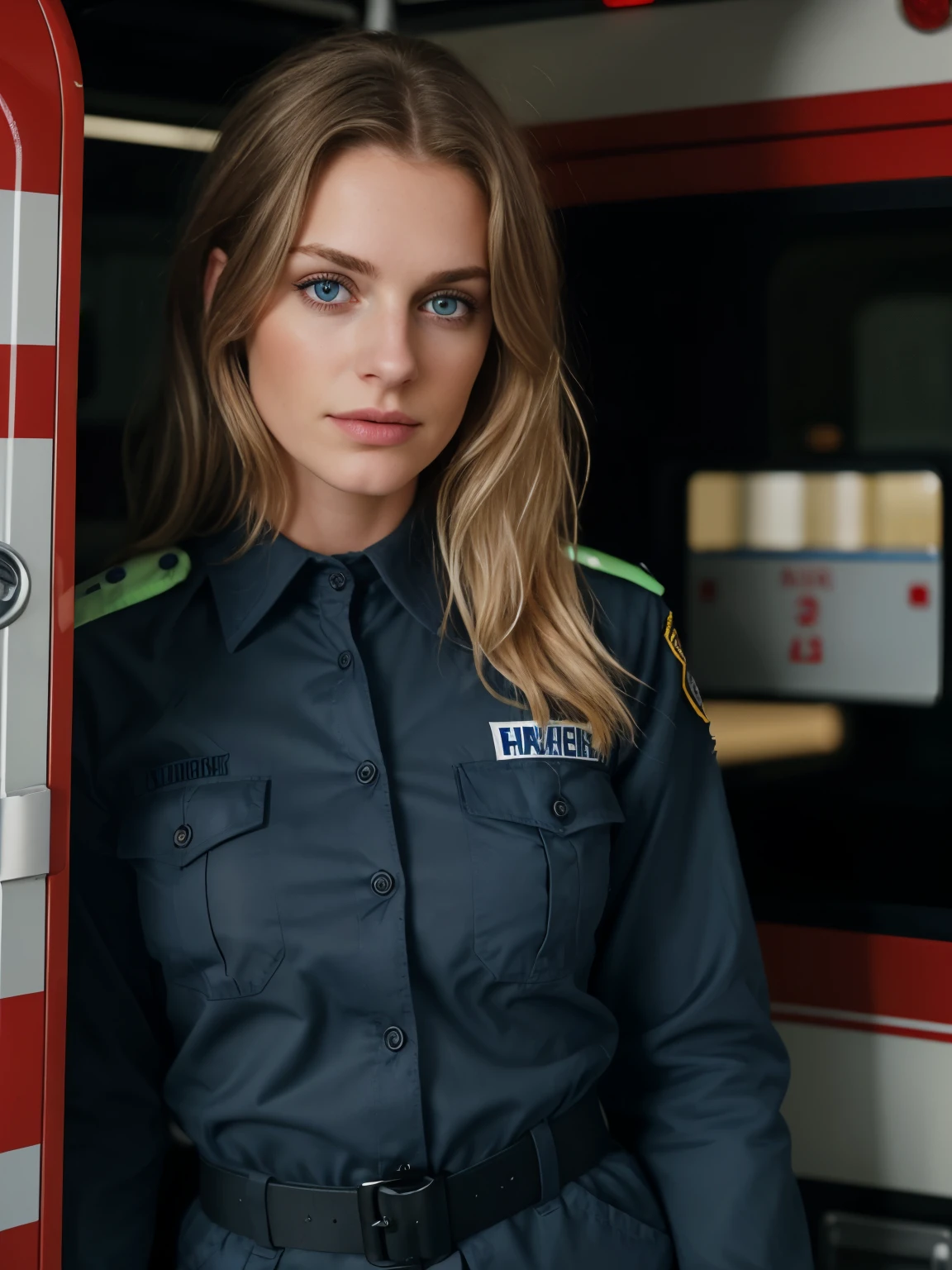 arafed woman beautiful young woman with brunette hair with blonde highlights, about 23 years old, dark blue eyes in paramedic uniform in front of a paramedic truck, by Thomas Häfner, firefighter, close body shot, fireman, mia kischner, by Kristian Zahrtmann, shot on canon eos r 5, by Niko Henrichon, shot on canon eos r5, shot on nikon z9,