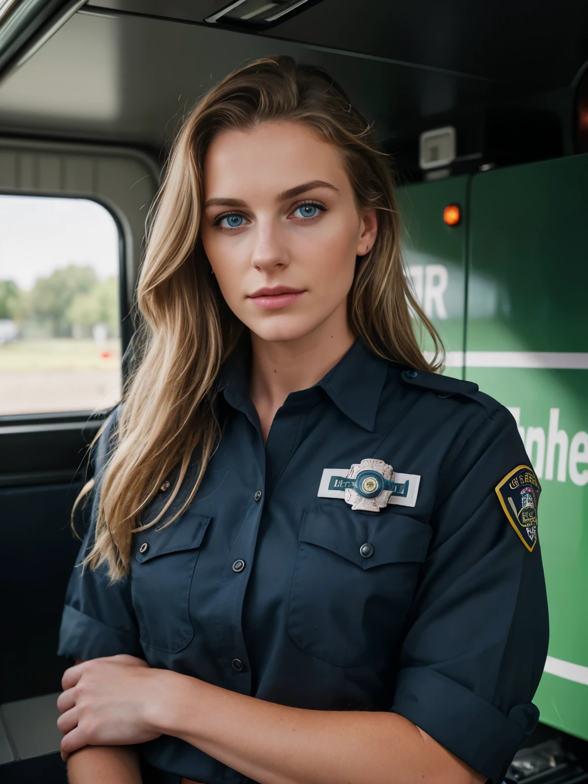 arafed woman beautiful young woman with brunette hair with blonde highlights, about 23 years old, dark blue eyes in paramedic uniform in front of a paramedic truck, by Thomas Häfner, firefighter, close body shot, fireman, mia kischner, by Kristian Zahrtmann, shot on canon eos r 5, by Niko Henrichon, shot on canon eos r5, shot on nikon z9,