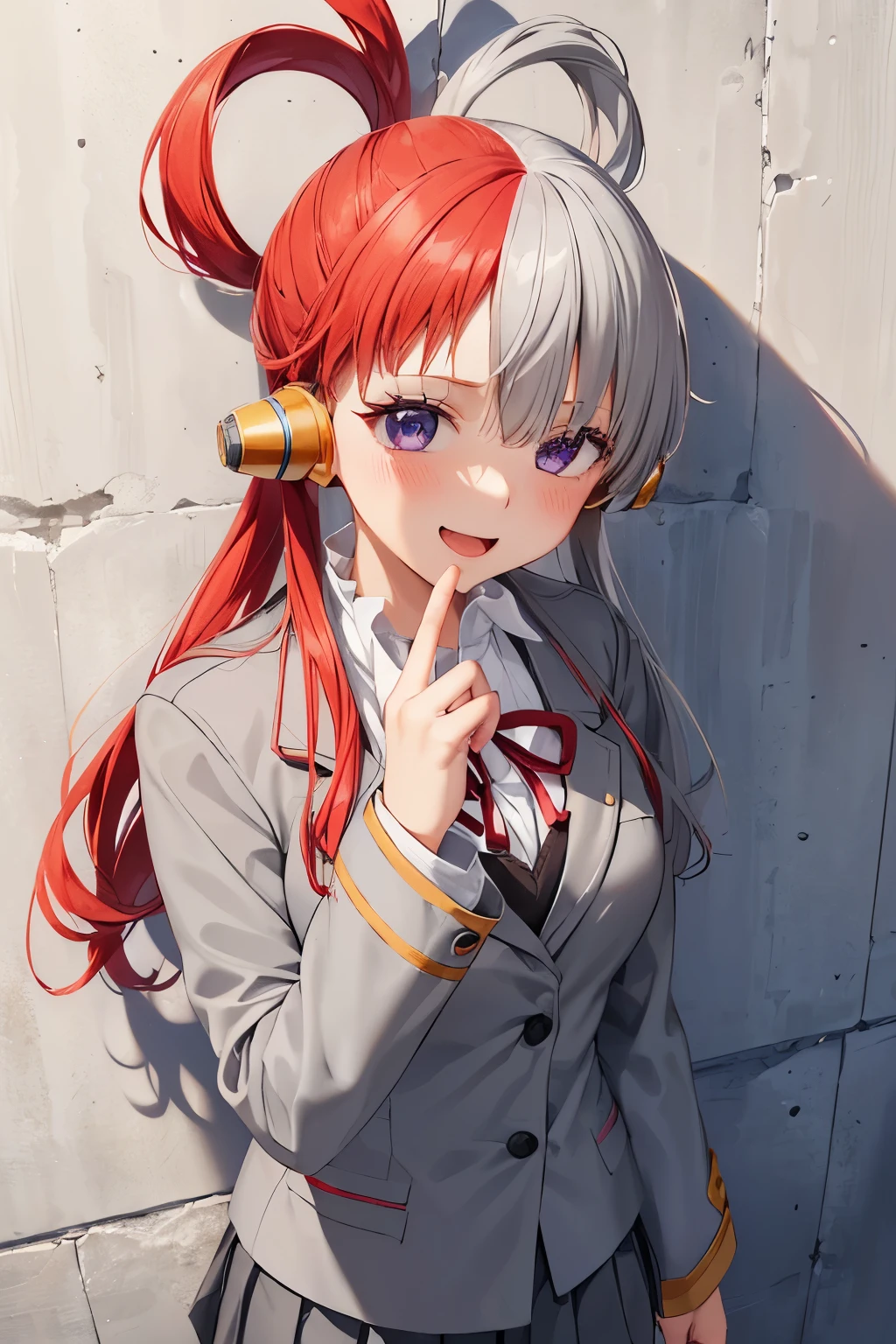 one piece, Song, Red and white hair, (alone:1.3), (one girl:1.3), (Gray blazer:1.3), (Long-sleeved uniforms:1.3), (Gray pleated skirt:1.3), medium-sized chest, blush, smile, open your mouth, highly detailed eyes, highly detailed fingers, super precise hands, (School:1.3), (wall don:1.3), extreme close up