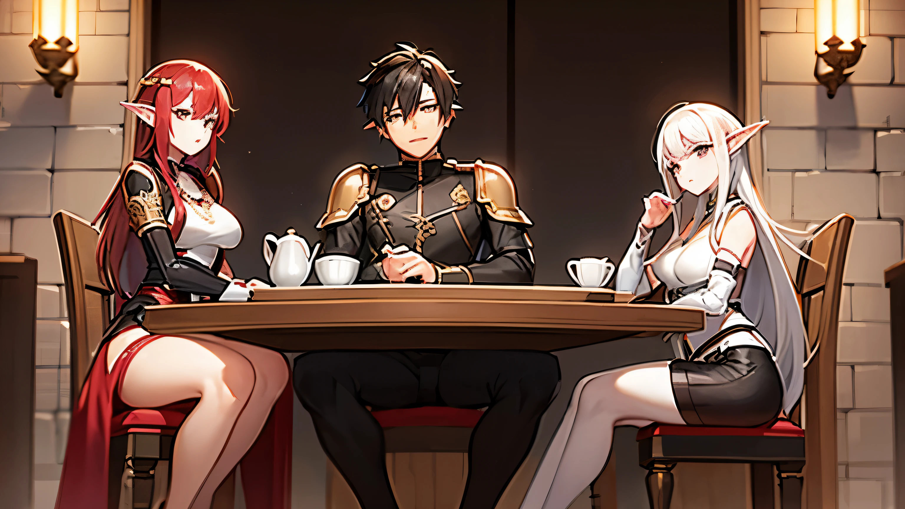 Anime black-haired boy, black eyes, wearing armor, slender stature, accompanied by a brown elf, another redhead human girl, and another blonde human, sitting on stools in a tavern.