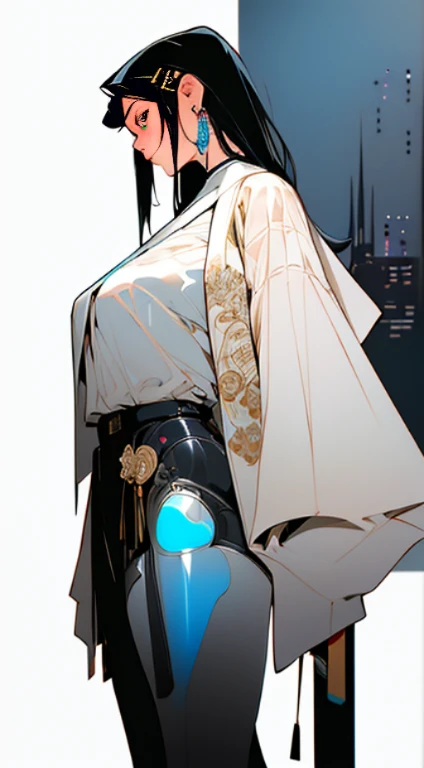 ((Cyberpunk style, robotic arm, holographic aura, surreal sci-fi art, futuristic sci-fi aesthetics)), Huge Breasts, (1 girl solo), close-up, (resolute eyes), (ancient Chinese clothes, white robe, embroidered collar Uesugi, white large-sleeved shirt, streamers), (hairpin, long black hair, weapons), (Hanfu), (clear facial features, detailed skin texture, beautiful face), white background, earrings, yellow skin, standing, (masterpiece, top quality, best quality), (((flat color))),