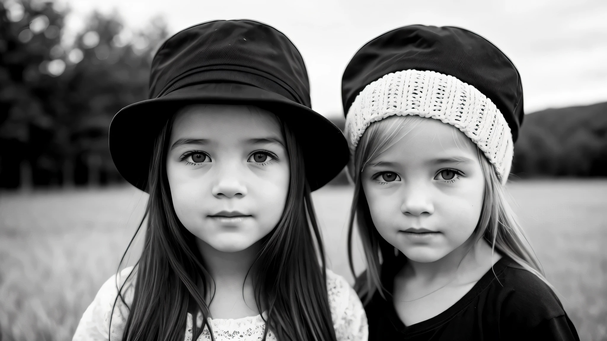 portrait photo black and white KIDS GIRL BLONDE in his 60s , reminiscent of iconic black and white landscapes a hat . , this portrait in hyperrealistic detail, .((best quality)), ((masterpiece)), (detailed), 8k uhd, Nikon 70d, ISO200, F/2.8, 1/25sec, 70mm.m.