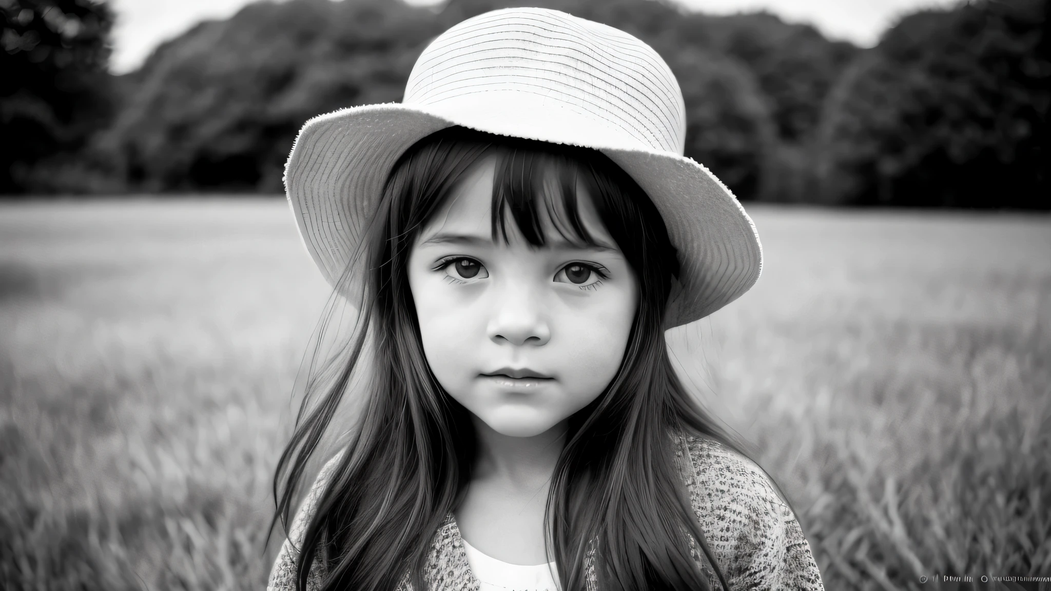 portrait photo black and white KIDS GIRL BLONDE in his 60s , reminiscent of iconic black and white landscapes a hat . , this portrait in hyperrealistic detail, .((best quality)), ((masterpiece)), (detailed), 8k uhd, Nikon 70d, ISO200, F/2.8, 1/25sec, 70mm.m.