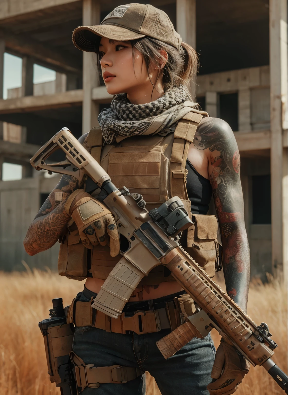 Photoreal、realistic skin texture、beautiful japanese woman、automatic rifle、tattoo