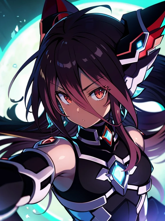 Anime figure, Masterpiece, best quality, highres, amazing quality, flat chested, (male), (8  boy), ((shota)), (Dark skin), cute, red eyes, medium hair with long dark brown hair, black exosuit, black gaunlets, long point headgear, black mecha musume, close up, ((blazblue black murakumo unit armour)) magical boy,