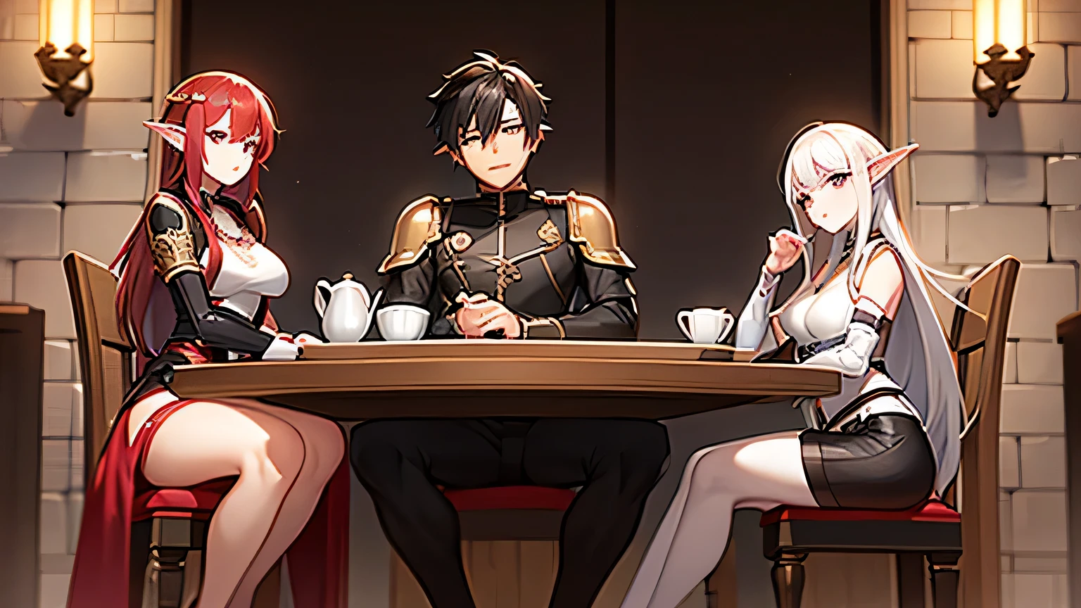 Anime black-haired boy, black eyes, wearing armor, slender stature, accompanied by a brown elf, another redhead human girl, and another blonde human, sitting on stools in a tavern.