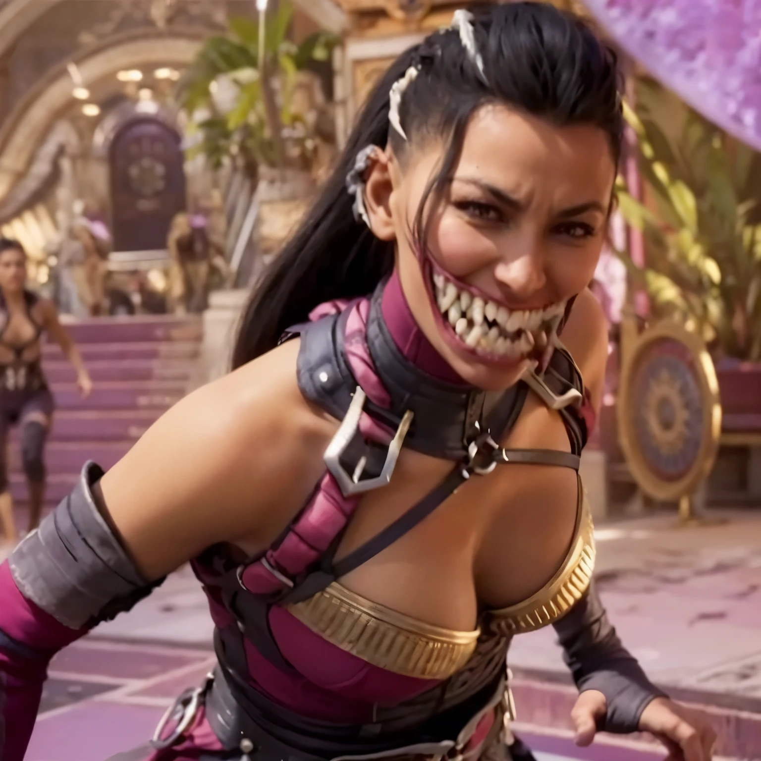 8k, melhor qualidade, mileena mk1, batalhando, monstrando seus dentes afiados, imagem real, detalhes intrincados, ultra-detalhado, ultra high resolution, campo de profundidade,(photorealista,realista:1.2),obra de arte, foto de sindel, olhos brancos, cabelopreto, decote, acessorio de cabelo prateado, Sozinho, exalando poder roxo, batalha, olhar de superioridade sol, blue sky, melhor qualidade, realista, photorealista, (detalhes intrincados:1.2), (delicado detalhado), (cinematic light), linha clara, sharp focus, realista face, Rosto detalhado Unity 8K papel de parede, ultra high resolution, (photorealista:1.4),