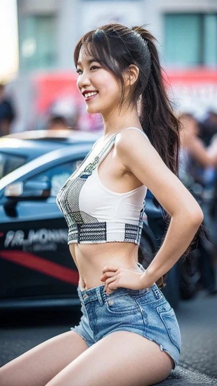 Highly detailed CG Unity 8K wallpaper, highest quality, Super detailed, masterpiece, realistic, photo realistic, Highly detailed cute girl, 25 years old, (whole bodyからつま先まで:1.2、(whole body)、(whole body to toes)、(shot from the side:1.3)、(sitting on the hood of a car)、(lace queen)、(sexy pose）,(model pose)、(big breasts)、(big ass)、(smile at the camera)、( smile ),(whole bodyショット:1.2) ,(Side view)、(side shot)、(ponytail)、(photorealistic:1.3)、
(Sponsored and wearing grid girl costume&#39;logo is printed.:1.3), (shorts) , (sitting in a motorsport race),   