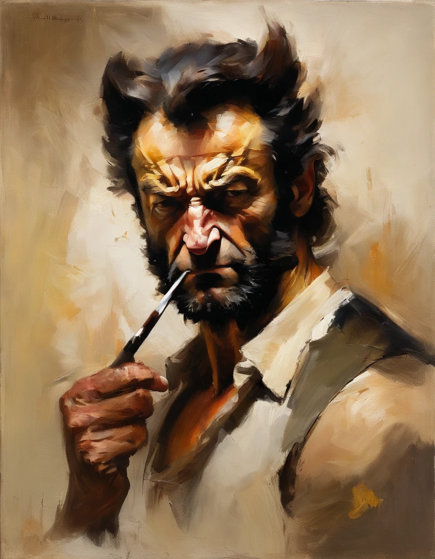 A portrait of (wolverine), holding cigar, covered in blood, Angry expression, smoke all around ,Baroque, dramatic contrasts between light and dark, emotional intensity, tenebrism, soft edges, oil on canvas, romanticism, baroque, realism, chiaroscuro, Dutch Golden Age, impasto, by Rembrandt van Rijn, by Rembrandt)