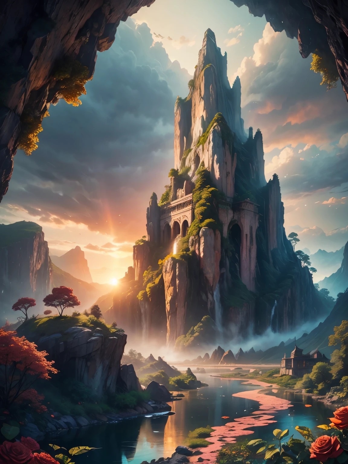 There is a large waterfall in the middle of a mountain, ((ancient city embedded in rock)), epic matte painting of an island, the lost city in the jungle, an Aztec city on an island lake, intricate and beautiful concept art, highly realistic concept art oil painting style, (((masterpiece))), high quality, extremely detailed CG unity 8k wallpaper, landscapes, outdoors, sky, cloud, nobody, mountain, landscape, water, tree, sunset sky with red and orange clouds, cliff waterfall, nature, lake, river, cloudy sky, award-winning photography, bokeh, depth of field, HDR, bloom, chromatic aberration, trending on artstation, trending on CGsociety, intricate, dramatic, midway art , high waterfall, painting of a river with rocks and trees in the foreground, near a river, jungle, crystal clear water, night light, evening sun behind red clouds with divergent sun rays, colorful, river with rocks, rock bridge , epic, fantasy, ((roses and flowers on the banks of the pond)), ((oil painting)), ((bridge rock))