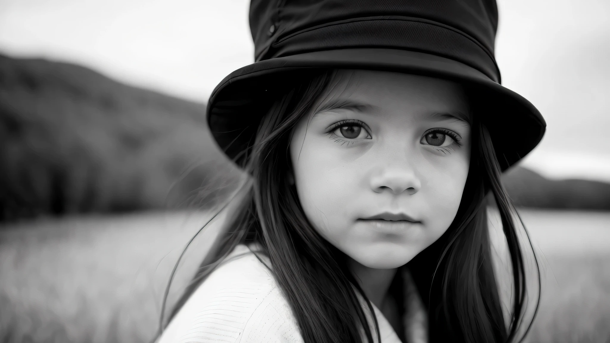 portrait photo black and white KIDS GIRL BLONDE in his 60s , reminiscent of iconic black and white landscapes a hat . , this portrait in hyperrealistic detail, .((best quality)), ((masterpiece)), (detailed), 8k uhd, Nikon 70d, ISO200, F/2.8, 1/25sec, 70mm.m.