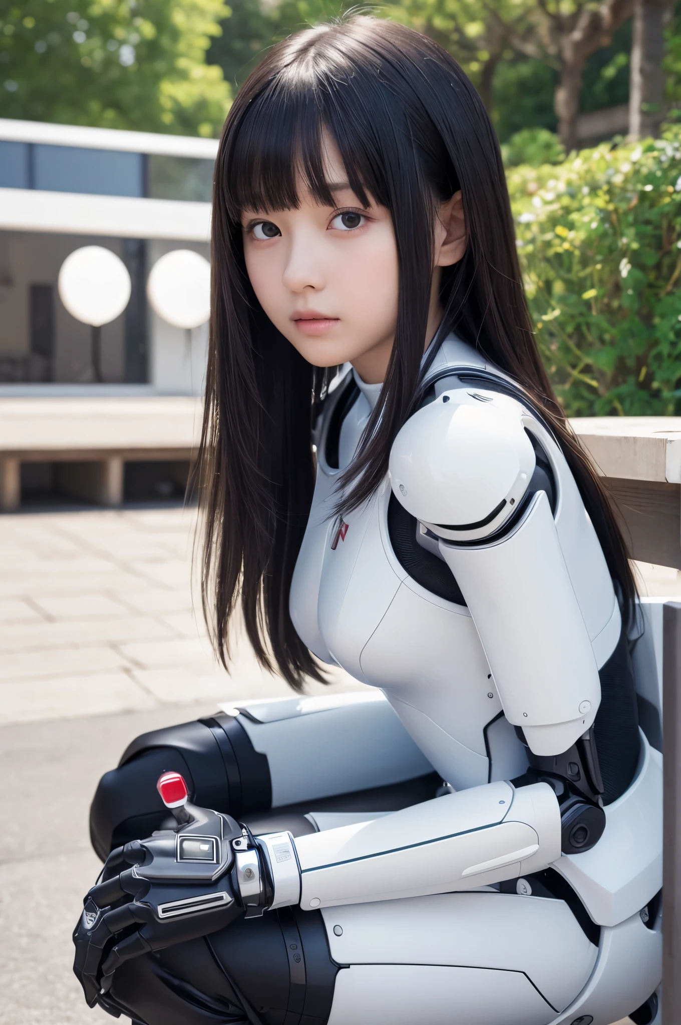 (realistic:1.4), (RAW photo)table top, highest quality, very detailed, (realistic:1.4), (8K, 4K, highest quality, High resolution, Super high resolution:1.1), 8K portrait,japanese android girl,The kids,9 ,Control panel,mechanical hand, ,robot arms and legs, black hair,Machine body,dull bangs,white robot parts,perfection  ,Charging spot,ceramic body ,perfection mechanical body,White robot body,