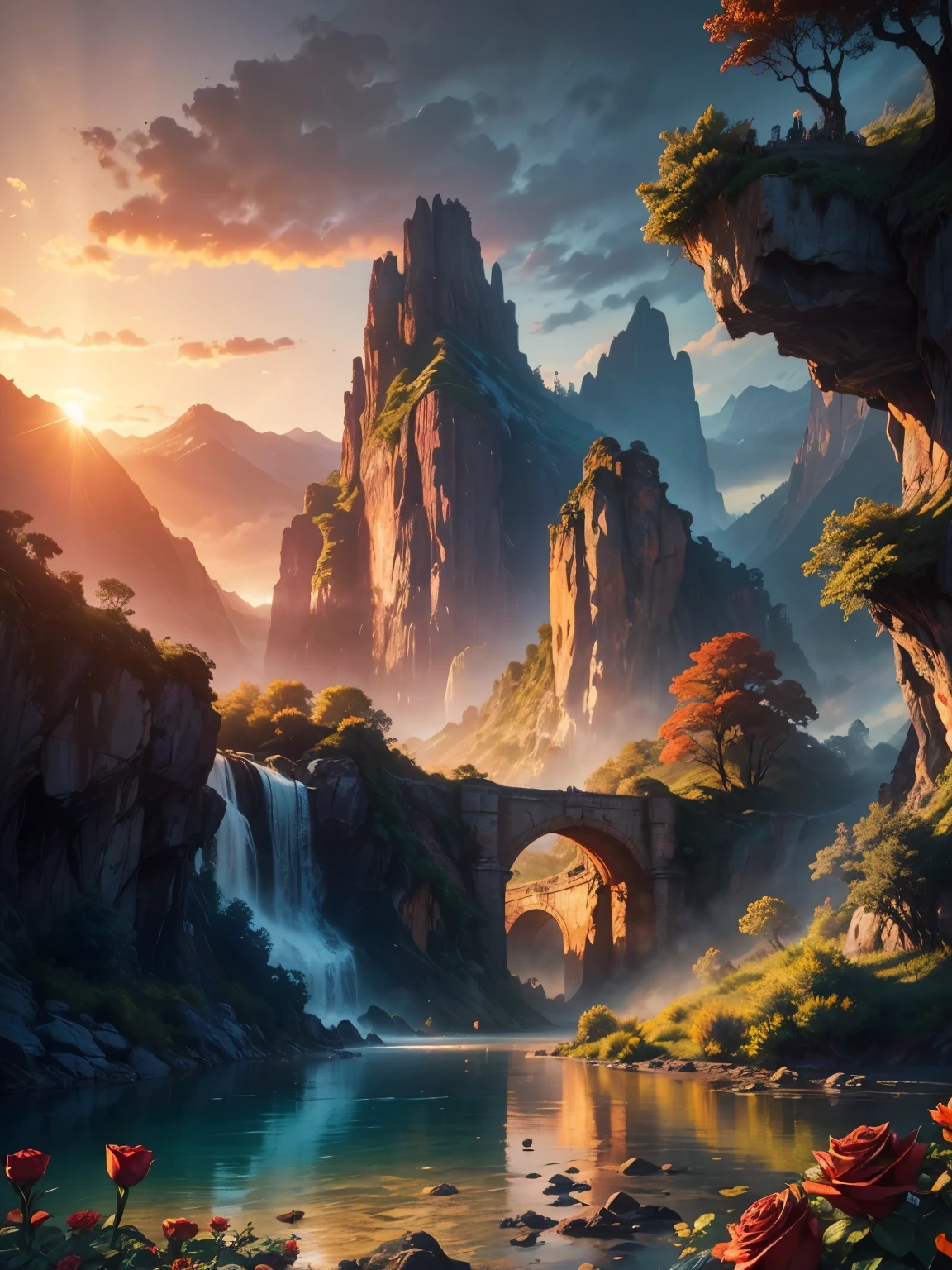 There is a large waterfall in the middle of a mountain, ((ancient city embedded in rock)), epic matte painting of an island, the lost city in the jungle, an Aztec city on an island lake, intricate and beautiful concept art, highly realistic concept art oil painting style, (((masterpiece))), high quality, extremely detailed CG unity 8k wallpaper, landscapes, outdoors, sky, cloud, nobody, mountain, landscape, water, tree, sunset sky with red and orange clouds, cliff waterfall, nature, lake, river, cloudy sky, award-winning photography, bokeh, depth of field, HDR, bloom, chromatic aberration, trending on artstation, trending on CGsociety, intricate, dramatic, midway art , high waterfall, painting of a river with rocks and trees in the foreground, near a river, jungle, crystal clear water, night light, evening sun behind red clouds with divergent sun rays, colorful, river with rocks, rock bridge , epic, fantasy, ((roses and flowers on the banks of the pond)), ((oil painting)), ((bridge rock))
