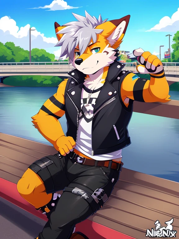 solo, male, (by nikkibunn, xnirox, slimefur, vergence, hyilpi, higsby, jadysilver, pache riggs), punk, rebel, transgender, sleeveless leather jacket, sitting under a bridge, homeless, hi-res, good graphics, great anatomy, anatomically correct, detailed body