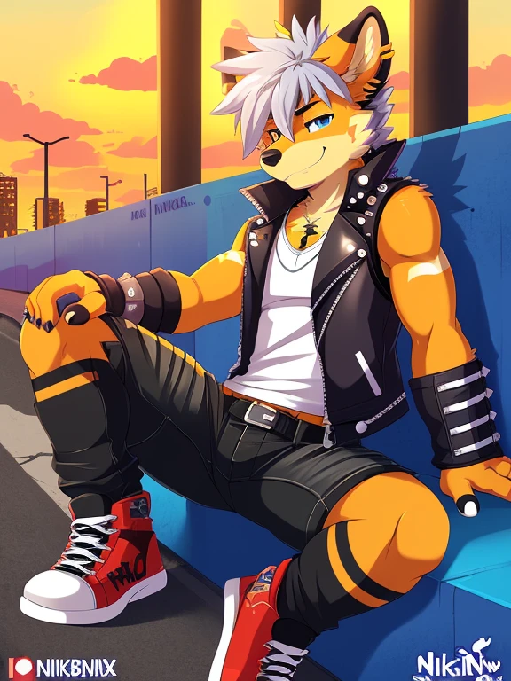solo, male, (by nikkibunn, xnirox, slimefur, vergence, hyilpi, higsby, jadysilver, pache riggs), punk, rebel, transgender, sleeveless leather jacket, sitting under a bridge, homeless, hi-res, good graphics, great anatomy, anatomically correct, detailed body
