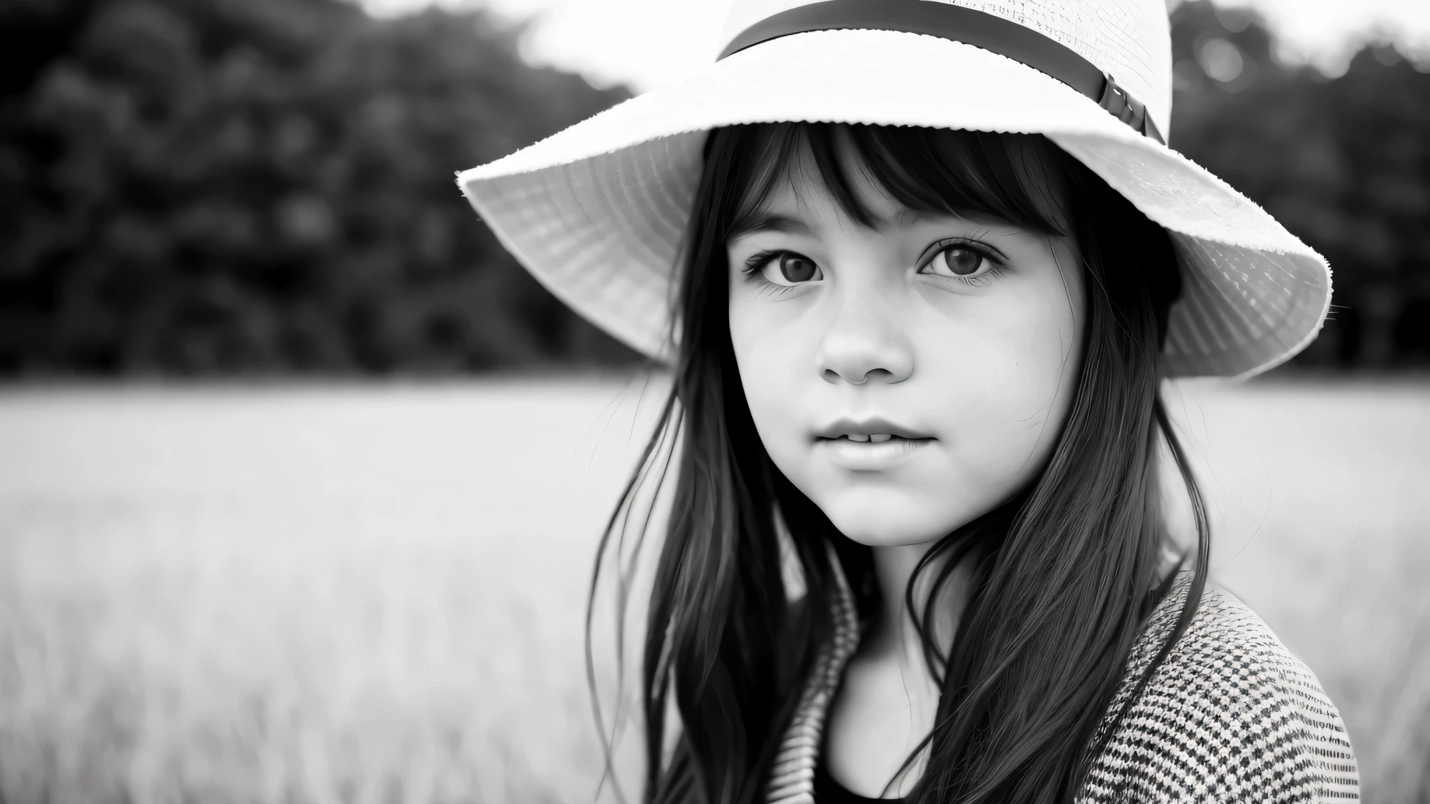 portrait photo black and white KIDS GIRL BLONDE in his 60s , reminiscent of iconic black and white landscapes a hat . , this portrait in hyperrealistic detail, .((best quality)), ((masterpiece)), (detailed), 8k uhd, Nikon 70d, ISO200, F/2.8, 1/25sec, 70mm.m.