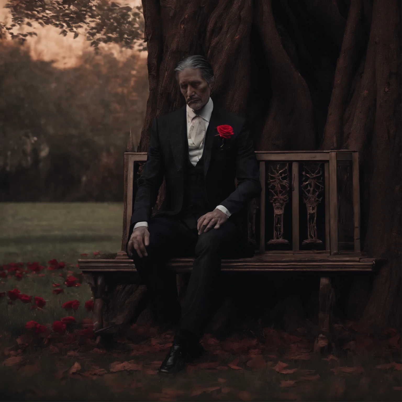 perfectly lit with warm sunlight, wearing a tailored suit and holding a red rose. The bench is made of polished wood, adorned with intricate carvings. The surrounding garden is overflowing with vibrant flowers in various shades of pink and purple. The atmosphere is serene and peaceful, with a gentle breeze rustling through the leaves of the tree. The man's expression is melancholic, his eyes filled with a sense of longing and reflection. The overall scene is captured in a realistic, photorealistic style, with vivid colors and sharp focus. The lighting accentuates the man's features, casting a soft glow on his face and emphasizing the textures of his suit and the tree's bark. The color palette is dominated by warm tones, evoking a sense of nostalgia and elegance.