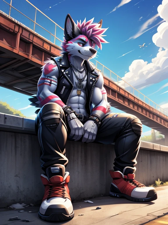 solo, male, (by nikkibunn, xnirox, slimefur, vergence, hyilpi, higsby, jadysilver, pache riggs), punk, rebel, transgender, sleeveless leather jacket, sitting under a bridge, homeless, hi-res, good graphics, great ???????, anatomically correct, detailed body