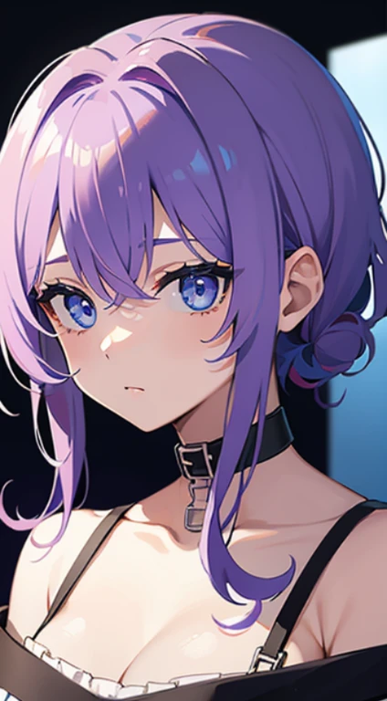 blue eyess、Light purple hair、Medium Hair、独奏、(top-quality、masterpiece)、(独奏)、waved hair、multicolored hair、simple background、punk