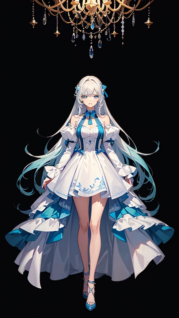 1girll，Long white fluffy hair，curlies，blue color eyes，Black and blue luxury dress，Rich and noble families，Full body standing painting，Ultra-detailed CG，Exquisite facial features，Clear facial expressions，Detailed digital anime art，Digital anime art，High quality anime art style