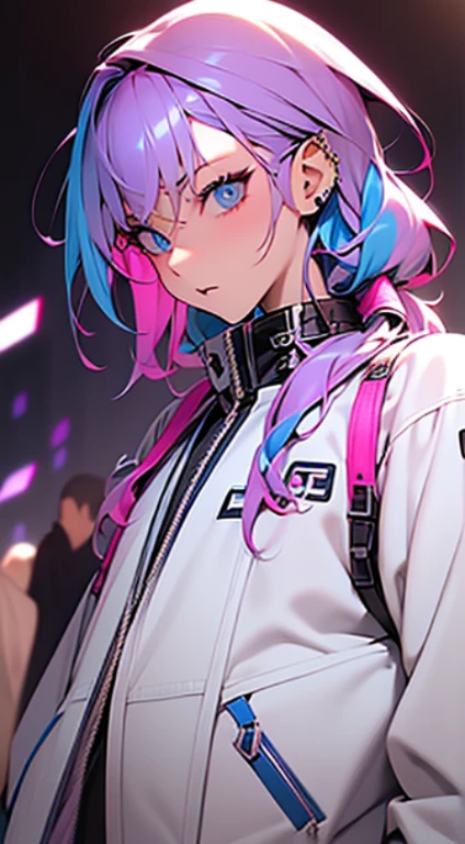 blue eyess、Light purple hair、Medium Hair、独奏、(top-quality、masterpiece)、(独奏)、waved hair、multicolored hair、simple background、punk