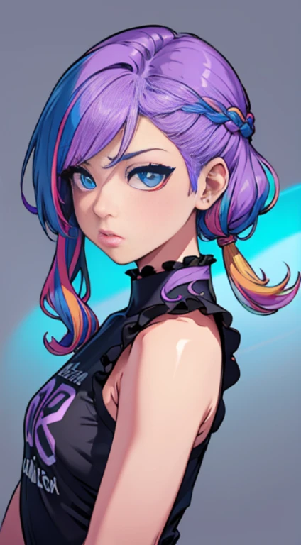 blue eyess、Light purple hair、Medium Hair、独奏、(top-quality、​masterpiece)、(独奏)、waved hair、multicolored hair、simple background、punk