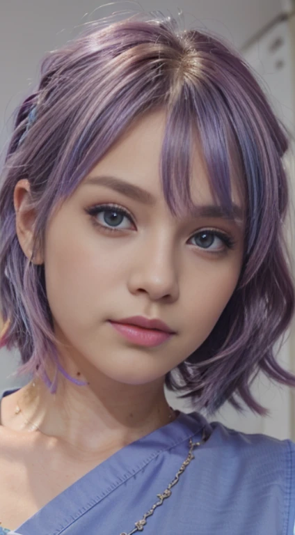 blue eyess、Light purple hair、Medium Hair、独奏、(top-quality、masterpiece)、(独奏)、waved hair、multicolored hair、simple background、punk